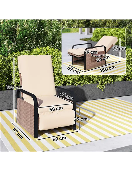 Outsunny 140° Reclining Rattan Armchair - Brown/Khaki