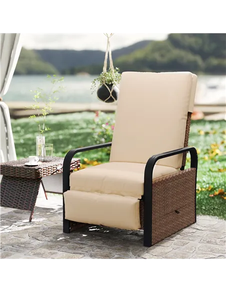 Outsunny 140° Reclining Rattan Armchair - Brown/Khaki