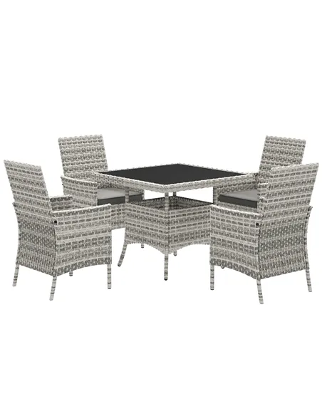 Outsunny Rattan Garden Furniture Set, Outdoor Dining Table and Chairs 4 Seater with Cushions, Square Tempered Glass Top, 4 Armch