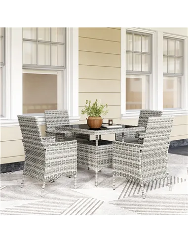 Outsunny Rattan Garden Furniture Set, Outdoor Dining Table and Chairs 4 Seater with Cushions, Square Tempered Glass Top, 4 Armch