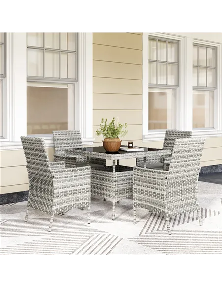 Outsunny Rattan Garden Furniture Set, Outdoor Dining Table and Chairs 4 Seater with Cushions, Square Tempered Glass Top, 4 Armch