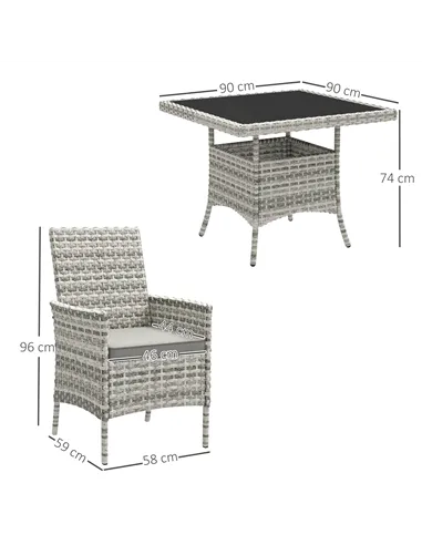 Outsunny Rattan Garden Furniture Set, Outdoor Dining Table and Chairs 4 Seater with Cushions, Square Tempered Glass Top, 4 Armch