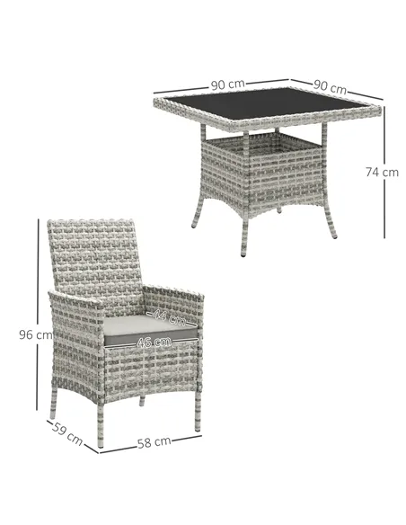 Outsunny Rattan Garden Furniture Set, Outdoor Dining Table and Chairs 4 Seater with Cushions, Square Tempered Glass Top, 4 Armch