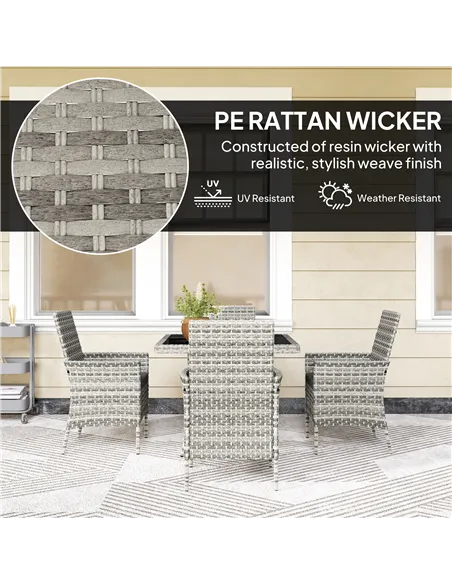 Outsunny Rattan Garden Furniture Set, Outdoor Dining Table and Chairs 4 Seater with Cushions, Square Tempered Glass Top, 4 Armch