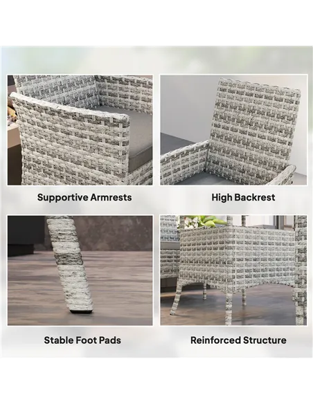 Outsunny Rattan Garden Furniture Set, Outdoor Dining Table and Chairs 4 Seater with Cushions, Square Tempered Glass Top, 4 Armch