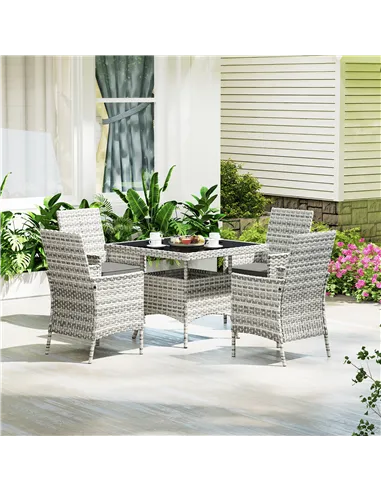 Outsunny Rattan Garden Furniture Set, Outdoor Dining Table and Chairs 4 Seater with Cushions, Square Tempered Glass Top, 4 Armch