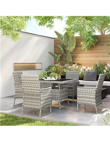 Outsunny Rattan Garden Furniture Set, Outdoor Dining Table and Chairs 4 Seater with Cushions, Square Tempered Glass Top, 4 Armch