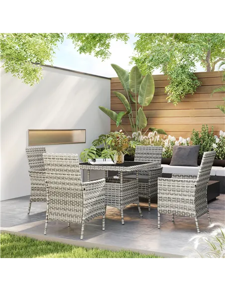 Outsunny Rattan Garden Furniture Set, Outdoor Dining Table and Chairs 4 Seater with Cushions, Square Tempered Glass Top, 4 Armch