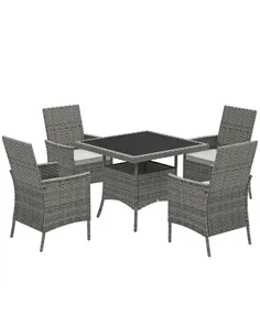 Outsunny Rattan Garden Furniture Set, Outdoor Dining Table and Chairs 4 Seater with Cushions, Square Tempered Glass Top, 4 Armch