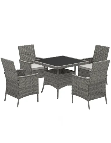 Outsunny Rattan Garden Furniture Set, Outdoor Dining Table and Chairs 4 Seater with Cushions, Square Tempered Glass Top, 4 Armch