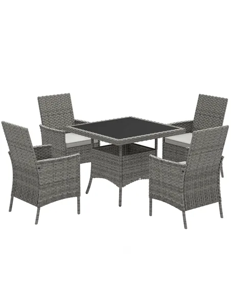 Outsunny Rattan Garden Furniture Set, Outdoor Dining Table and Chairs 4 Seater with Cushions, Square Tempered Glass Top, 4 Armch