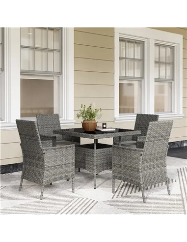 Outsunny Rattan Garden Furniture Set, Outdoor Dining Table and Chairs 4 Seater with Cushions, Square Tempered Glass Top, 4 Armch