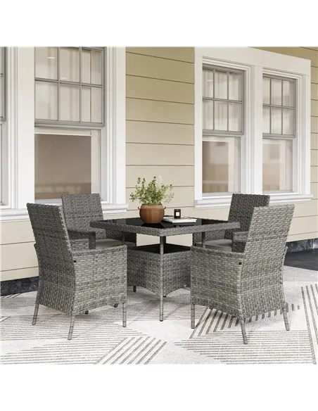 Outsunny Rattan Garden Furniture Set, Outdoor Dining Table and Chairs 4 Seater with Cushions, Square Tempered Glass Top, 4 Armch