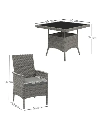 Outsunny Rattan Garden Furniture Set, Outdoor Dining Table and Chairs 4 Seater with Cushions, Square Tempered Glass Top, 4 Armch