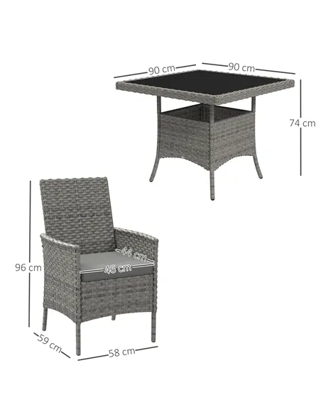 Outsunny Rattan Garden Furniture Set, Outdoor Dining Table and Chairs 4 Seater with Cushions, Square Tempered Glass Top, 4 Armch