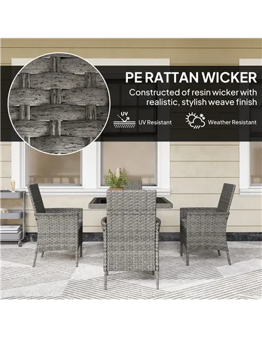 Outsunny Rattan Garden Furniture Set, Outdoor Dining Table and Chairs 4 Seater with Cushions, Square Tempered Glass Top, 4 Armch