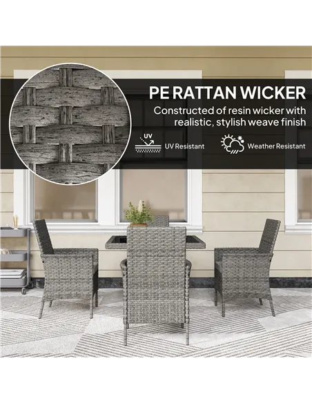 Outsunny Rattan Garden Furniture Set, Outdoor Dining Table and Chairs 4 Seater with Cushions, Square Tempered Glass Top, 4 Armch