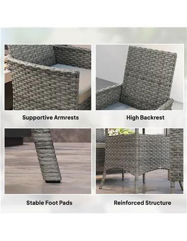 Outsunny Rattan Garden Furniture Set, Outdoor Dining Table and Chairs 4 Seater with Cushions, Square Tempered Glass Top, 4 Armch