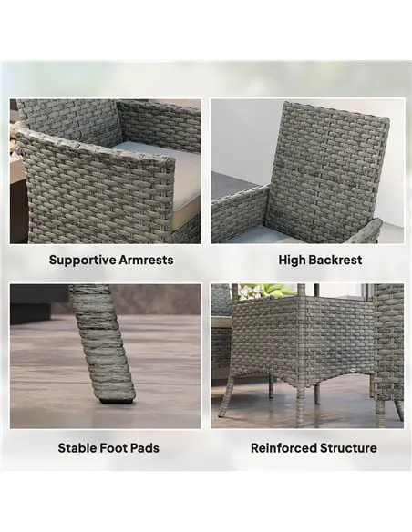 Outsunny Rattan Garden Furniture Set, Outdoor Dining Table and Chairs 4 Seater with Cushions, Square Tempered Glass Top, 4 Armch