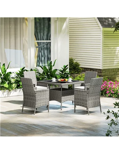 Outsunny Rattan Garden Furniture Set, Outdoor Dining Table and Chairs 4 Seater with Cushions, Square Tempered Glass Top, 4 Armch