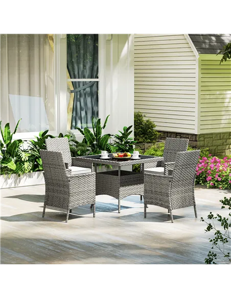 Outsunny Rattan Garden Furniture Set, Outdoor Dining Table and Chairs 4 Seater with Cushions, Square Tempered Glass Top, 4 Armch