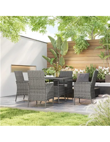 Outsunny Rattan Garden Furniture Set, Outdoor Dining Table and Chairs 4 Seater with Cushions, Square Tempered Glass Top, 4 Armch