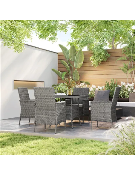 Outsunny Rattan Garden Furniture Set, Outdoor Dining Table and Chairs 4 Seater with Cushions, Square Tempered Glass Top, 4 Armch