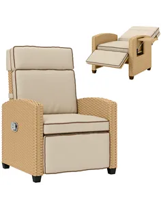 Outsunny 145° Reclining Rattan Armchair, with Footrest - Khaki/Beige