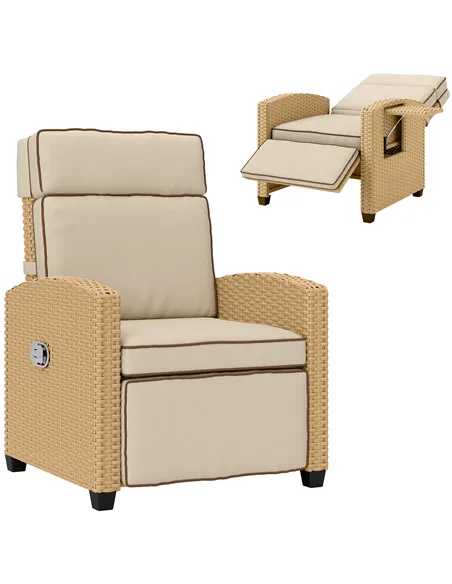 Outsunny 145° Reclining Rattan Armchair, with Footrest - Khaki/Beige