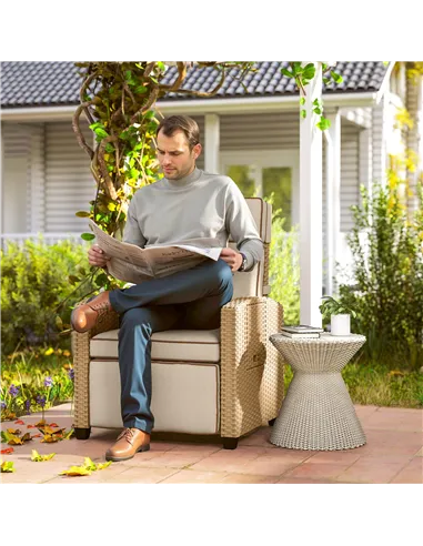 Outsunny 145° Reclining Rattan Armchair, with Footrest - Khaki/Beige