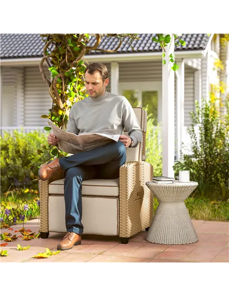 Outsunny 145° Reclining Rattan Armchair, with Footrest - Khaki/Beige