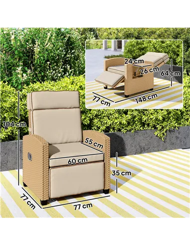 Outsunny 145° Reclining Rattan Armchair, with Footrest - Khaki/Beige