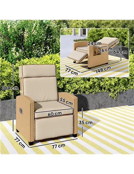 Outsunny 145° Reclining Rattan Armchair, with Footrest - Khaki/Beige