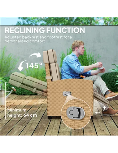 Outsunny 145° Reclining Rattan Armchair, with Footrest - Khaki/Beige