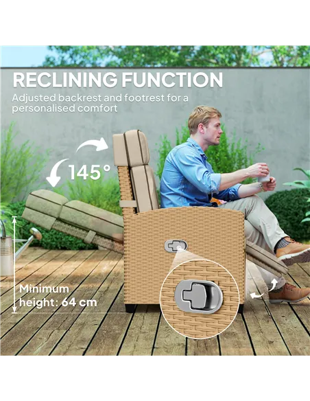 Outsunny 145° Reclining Rattan Armchair, with Footrest - Khaki/Beige