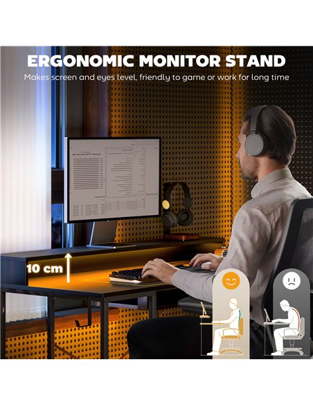 HOMCOM Computer Desk with LED Lights and Power Outlets, 120 x 55 cm Gaming Desk with Monitor Stand, Sliding Keyboard Tray and St