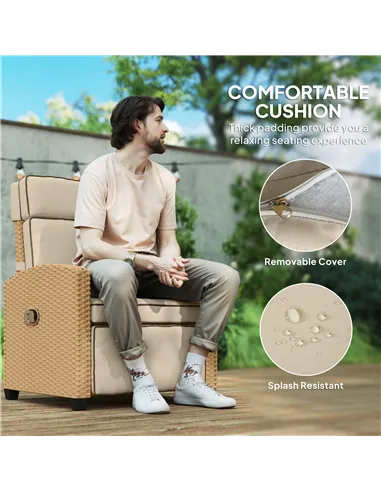 Outsunny 145° Reclining Rattan Armchair, with Footrest - Khaki/Beige
