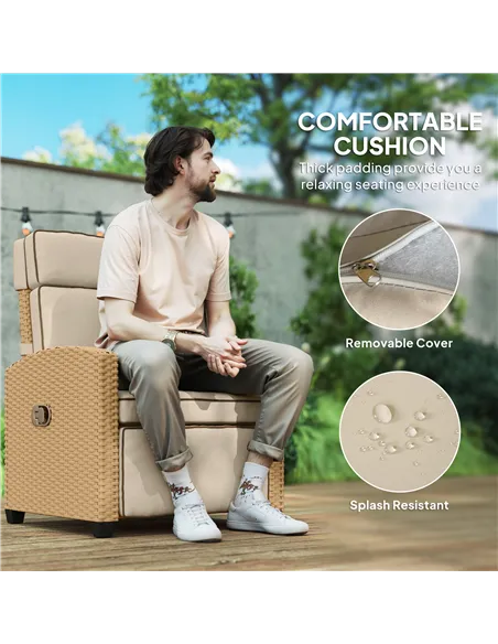 Outsunny 145° Reclining Rattan Armchair, with Footrest - Khaki/Beige