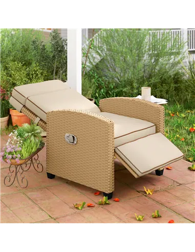 Outsunny 145° Reclining Rattan Armchair, with Footrest - Khaki/Beige
