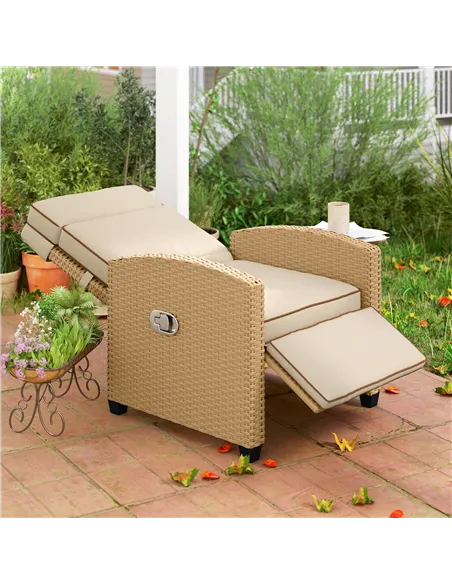 Outsunny 145° Reclining Rattan Armchair, with Footrest - Khaki/Beige