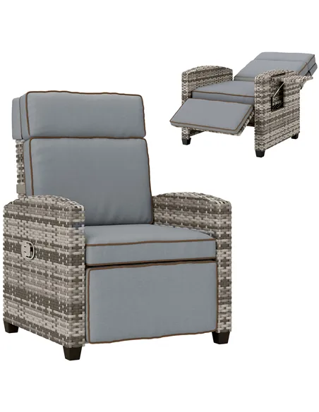 Outsunny 145° Reclining Rattan Armchair, with Footrest - Mixed Grey/Grey