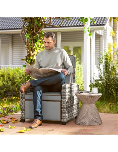Outsunny 145° Reclining Rattan Armchair, with Footrest - Mixed Grey/Grey