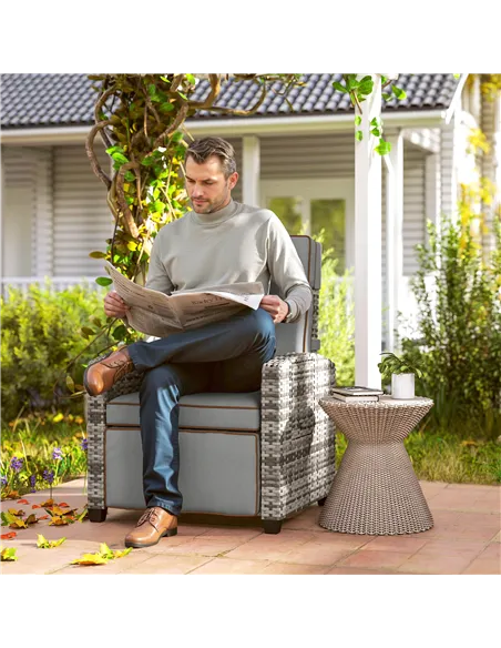 Outsunny 145° Reclining Rattan Armchair, with Footrest - Mixed Grey/Grey