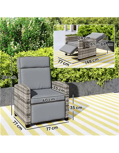 Outsunny 145° Reclining Rattan Armchair, with Footrest - Mixed Grey/Grey