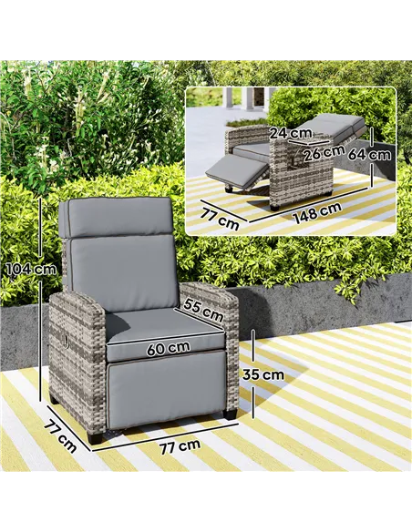 Outsunny 145° Reclining Rattan Armchair, with Footrest - Mixed Grey/Grey