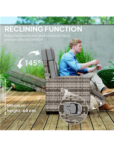 Outsunny 145° Reclining Rattan Armchair, with Footrest - Mixed Grey/Grey