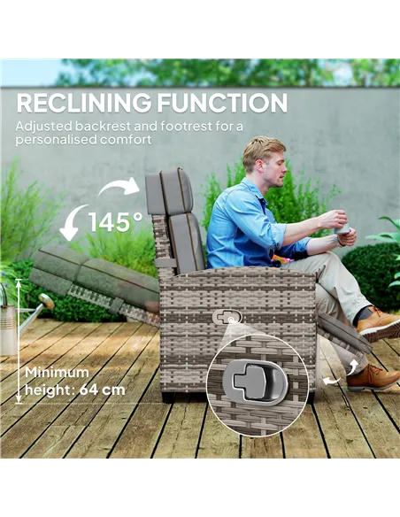 Outsunny 145° Reclining Rattan Armchair, with Footrest - Mixed Grey/Grey