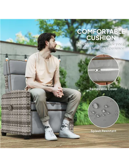 Outsunny 145° Reclining Rattan Armchair, with Footrest - Mixed Grey/Grey