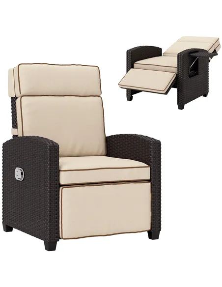 Outsunny 145° Reclining Rattan Armchair, with Footrest - Brown/Khaki