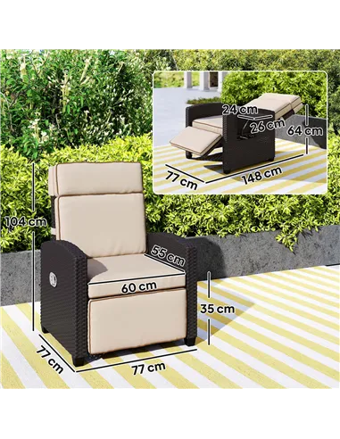 Outsunny 145° Reclining Rattan Armchair, with Footrest - Brown/Khaki